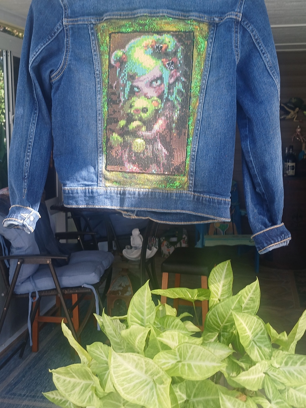 wonder nation Blue Denim Jacket with Green Sequin Back Panel